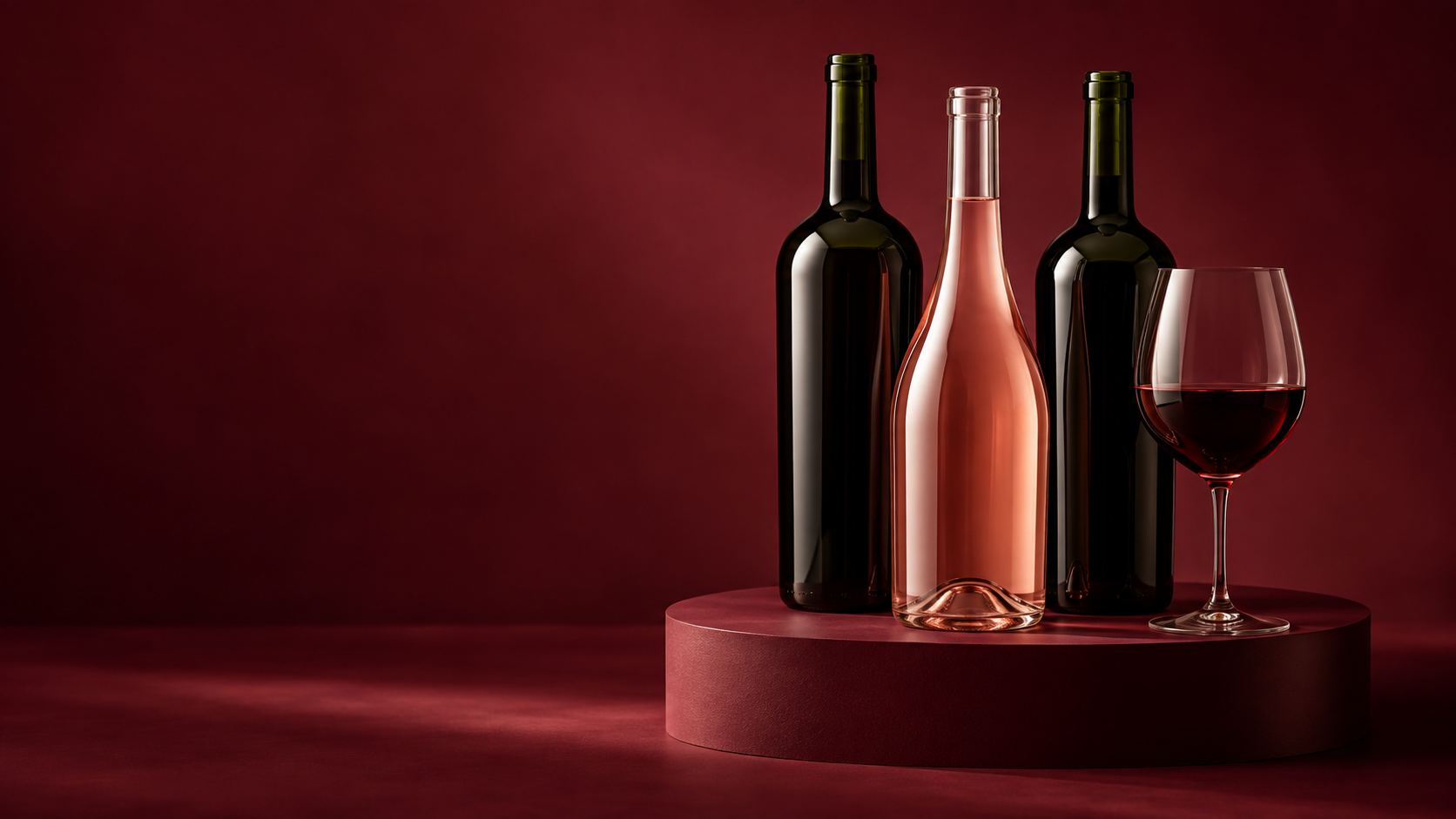 Tres botellas de vino sin etiquetas y una copa sobre un fondo bordó